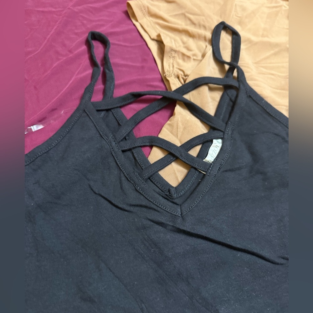 Bozzolo Bundle - 2 Mesh Crop Tops (maroon & tan) and Criss Cross Black Tank Top - Picture 2 of 5